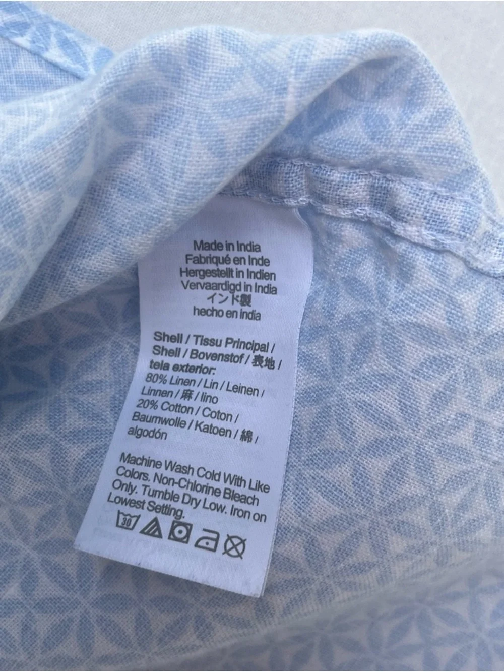 J Crew Men’s Slim Blue Geometric Summer Cotton Linen Shirt Collar Pocket Size XL